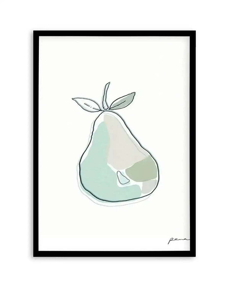 Abstract art print featuring a minimalist illustration of a pear with a black outline and soft, organic shapes in muted sage green, pale grey, and light teal, printed on fine art paper and displayed in a black frame with white border.