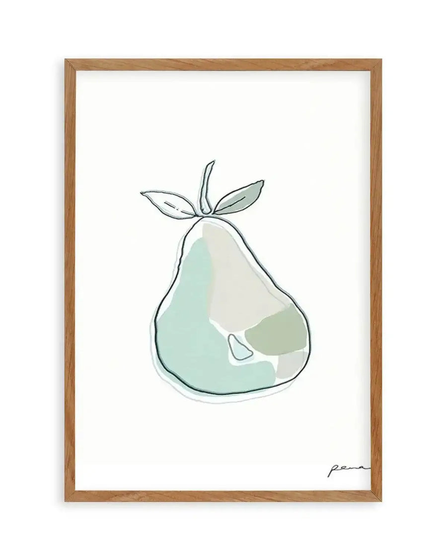 Abstract art print featuring a stylized pear illustration with a black outline and soft, translucent washes of pale mint green, light grey, and sage green, displayed in a natural oak frame with white border.