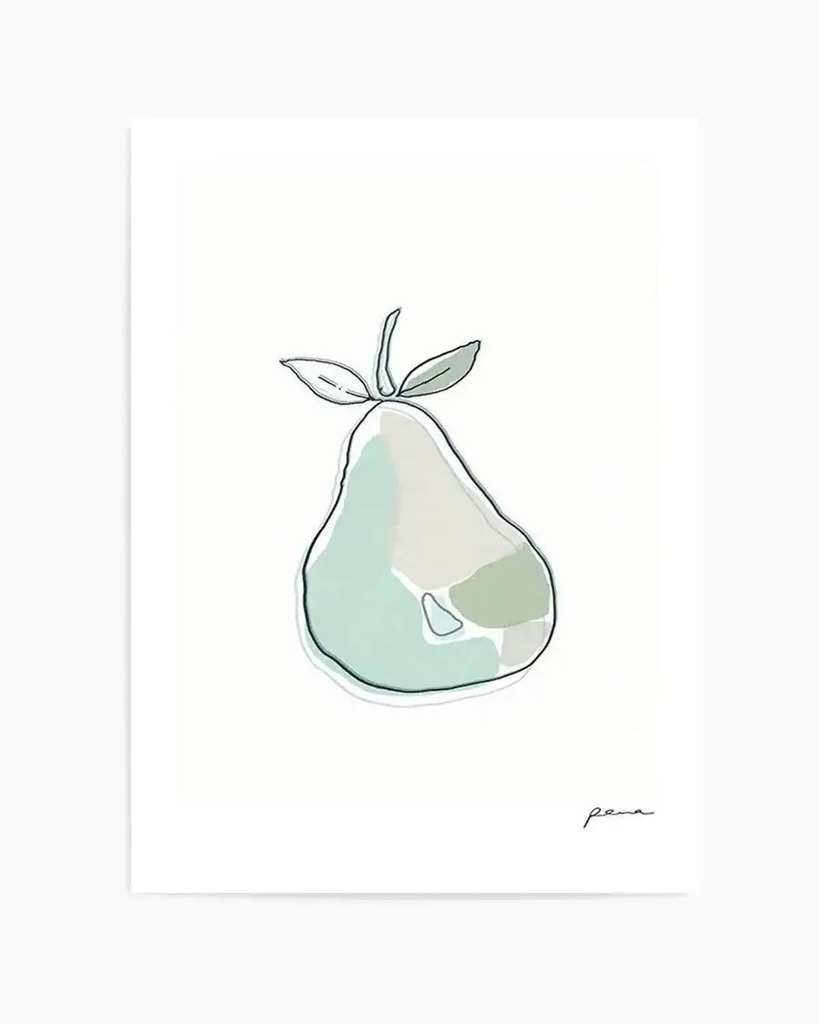 Abstract art print featuring a minimalist illustration of a pear with a stem and two leaves, outlined in a thin black line. The pear is filled with soft, irregular patches of pale mint green, light grey, and a muted sage green, giving it a watercolour-like quality. The background is plain white, and a small, handwritten signature in black is visible in the bottom right corner.