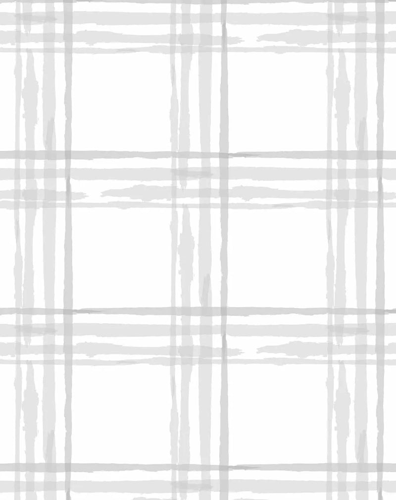 Peel and stick wallpaper featuring a repeating abstract plaid check pattern with hand-painted vertical and horizontal stripes in varying shades of light grey on a white background. The design has a loose, organic watercolour quality with visible brushstroke texture.