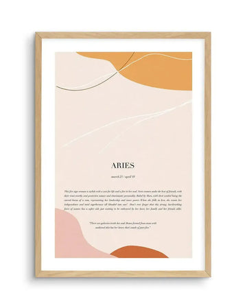 Abstract art print featuring organic shapes in warm terracotta, soft peach, and pale cream with delicate black and white line work, printed on fine art paper and displayed in a natural oak frame with white border. The print includes text that reads "ARIES march 21 / april 19" and a description of the Aries zodiac sign.