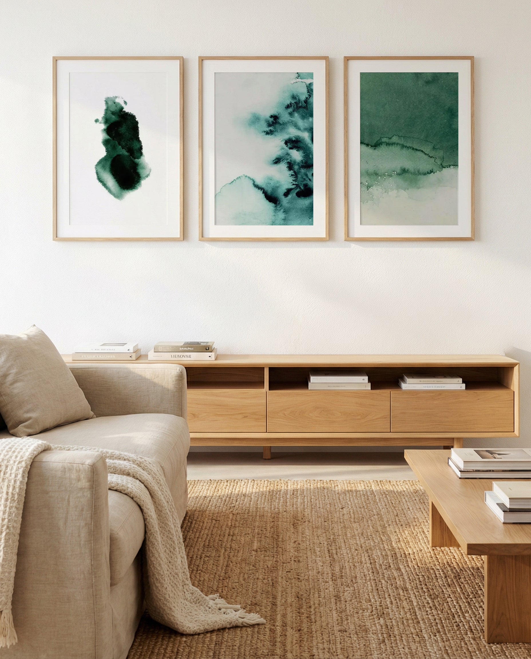 Abstract Green Watercolour I, II & III | 3 Piece Wall Art Set in Green abstract art print oak frame with white border