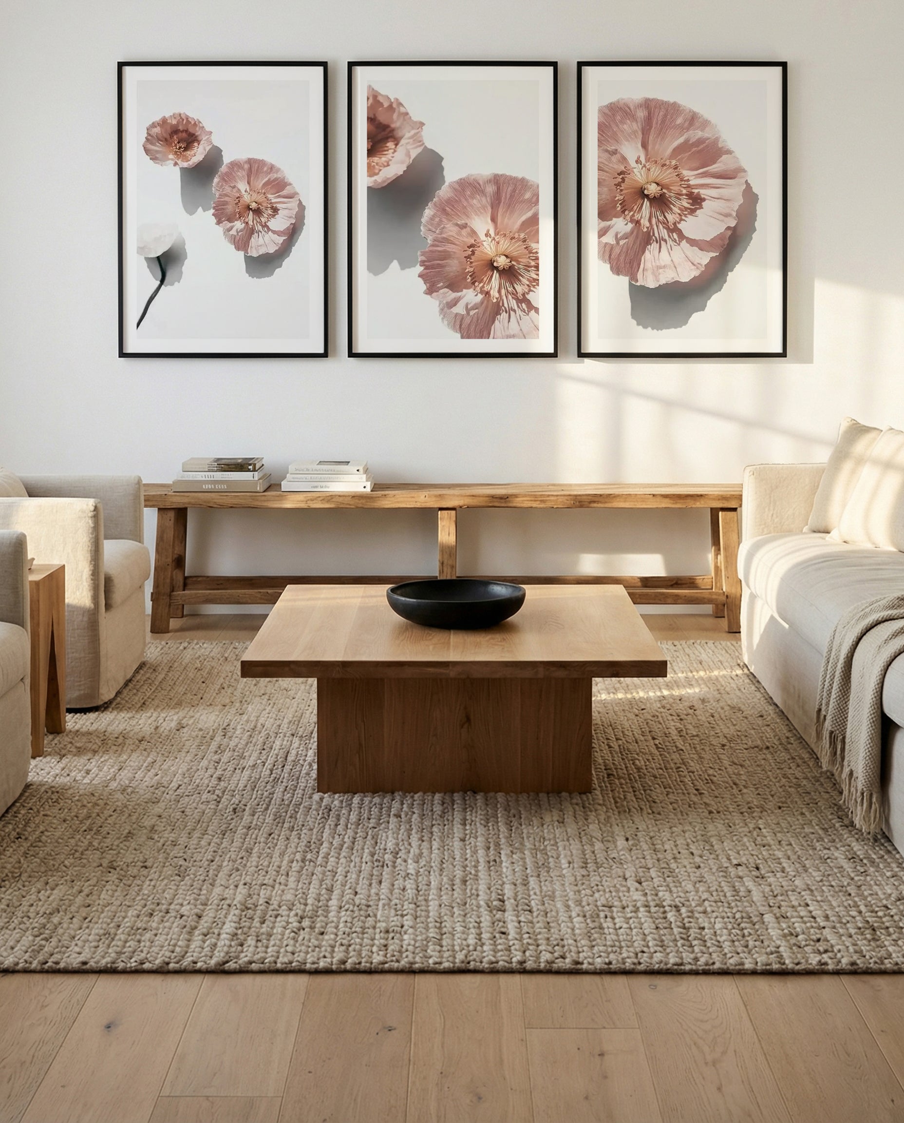 Abstract Poppies I, II & III | 3 Piece Wall Art Set in Pink and White abstract art print oak frame with white border