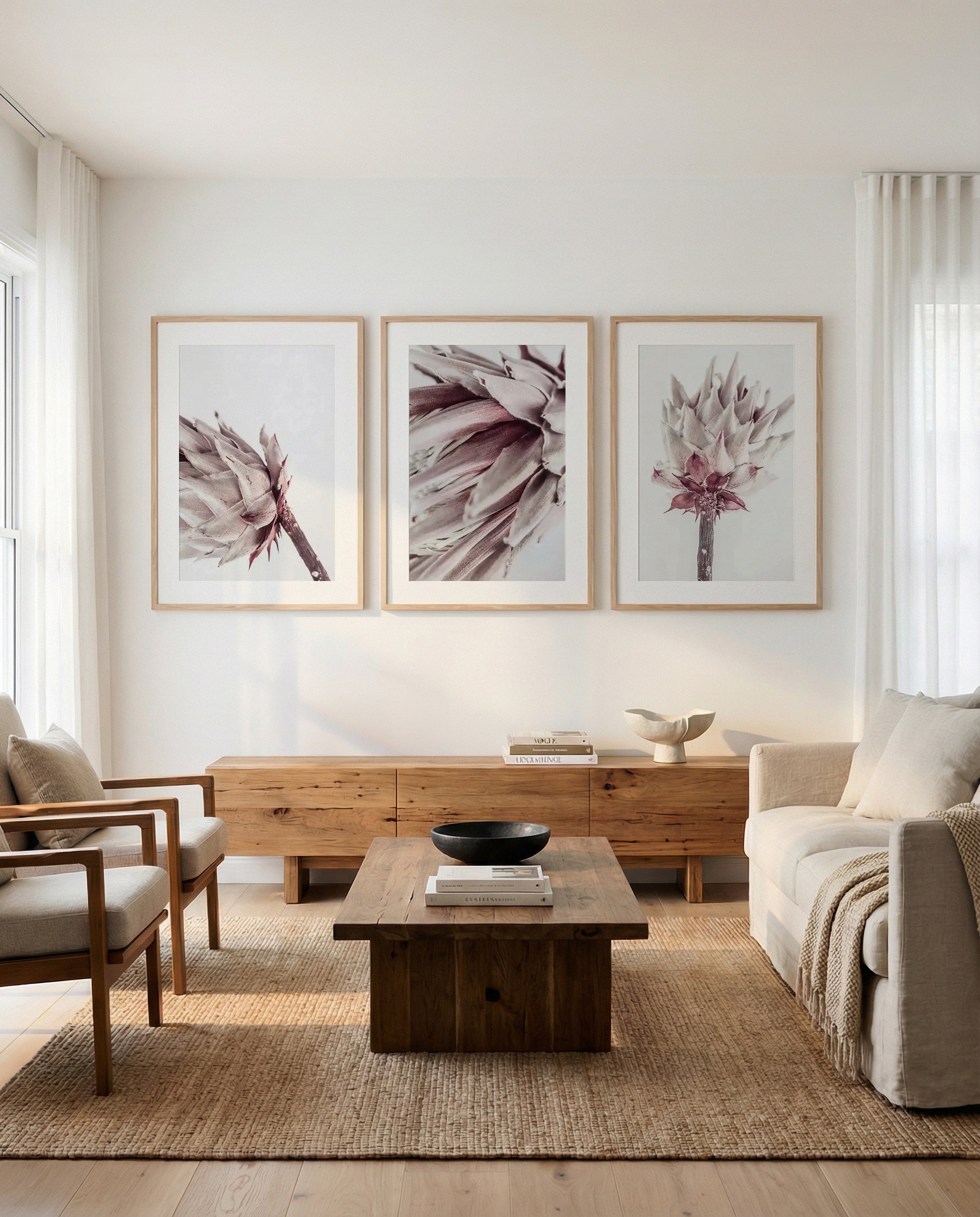 Abstract Protea I, II & III | 3 Piece Wall Art Set in Brown and Red abstract art print oak frame with white border