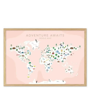 Adventure Awaits World Map | Blush Art Print-PRINT-Olive et Oriel-Olive et Oriel-A5 | 5.8" x 8.3" | 14.8 x 21cm-Oak-With White Border-Buy-Australian-Art-Prints-Online-with-Olive-et-Oriel-Your-Artwork-Specialists-Austrailia-Decorate-With-Coastal-Photo-Wall-Art-Prints-From-Our-Beach-House-Artwork-Collection-Fine-Poster-and-Framed-Artwork