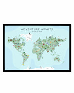 Adventure Awaits World Map | Blue Art Print