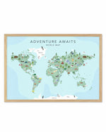 Adventure Awaits World Map | Blue Art Print