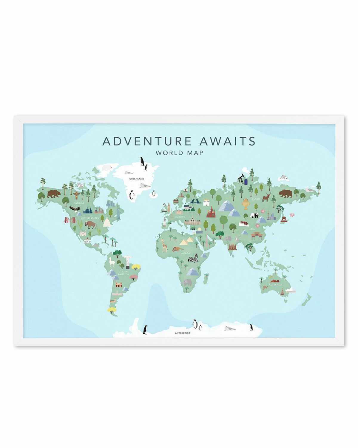 Adventure Awaits World Map | Blue Art Print