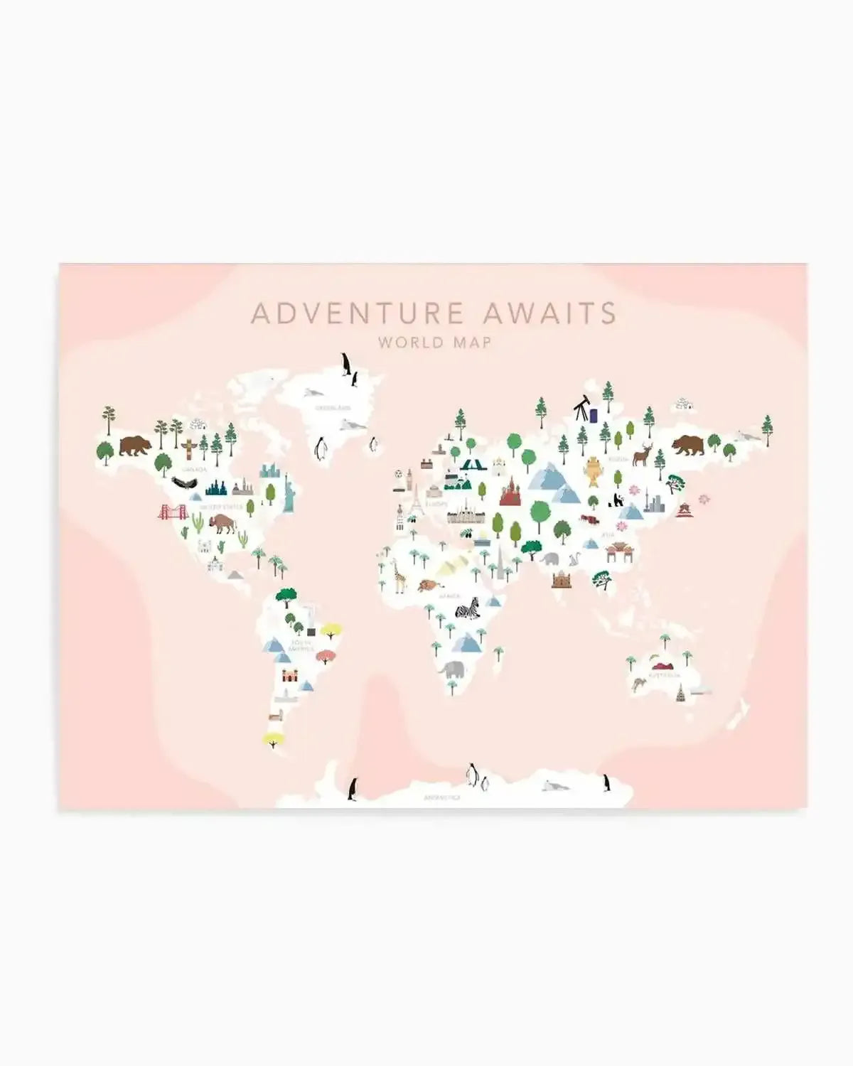 Adventure Awaits World Map | Blush Art Print from Olive et Oriel where you can shop wallpaper and artworks online
