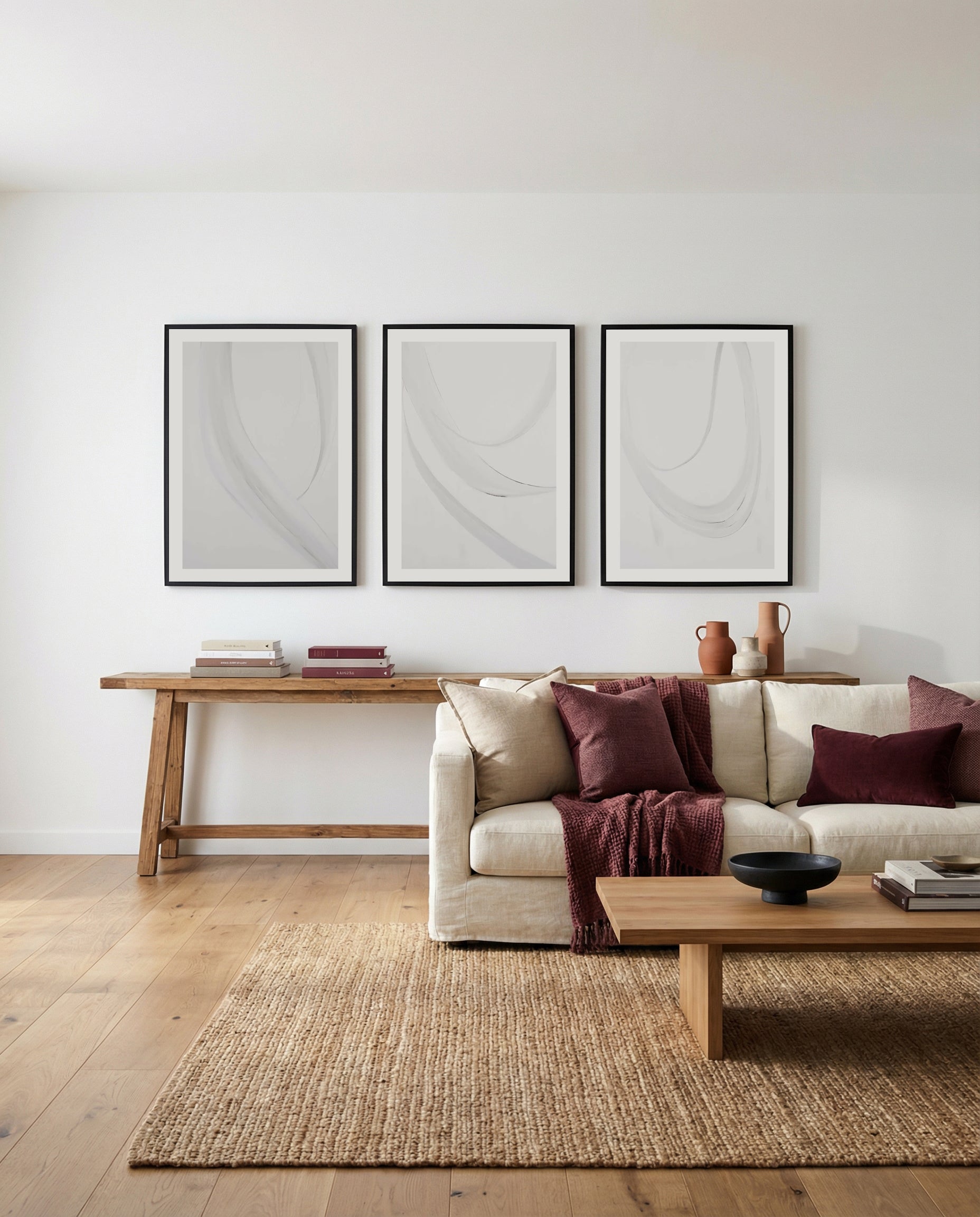 Aeris I, II & III | 3 Piece Wall Art Set in Grey abstract art print oak frame with white border