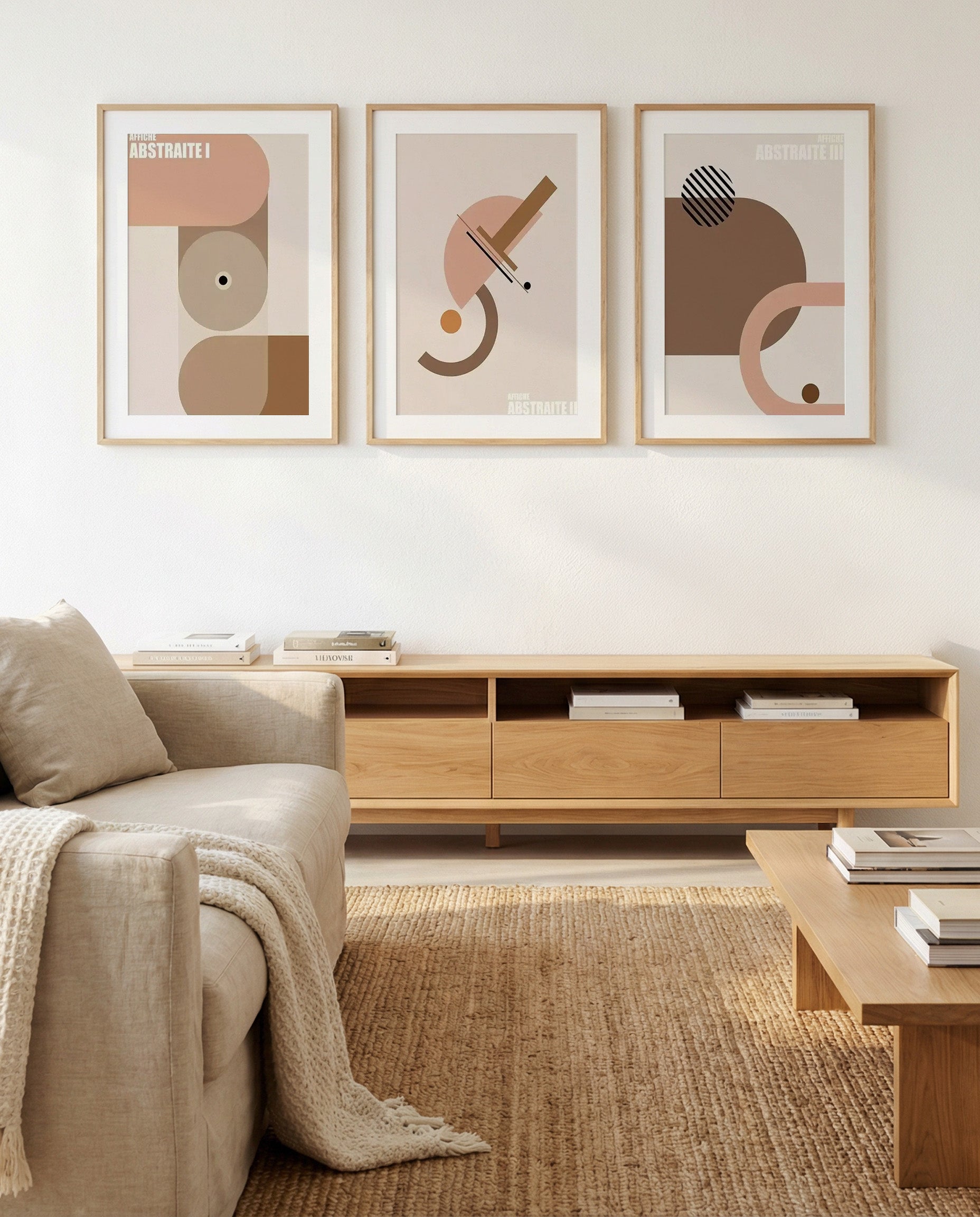 Affiche Abstraite I, II & III | 3 Piece Wall Art Set in Beige and Brown abstract art print oak frame with white border