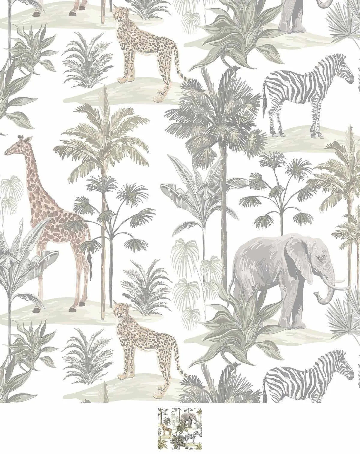 Peel and stick wallpaper featuring a repeating pattern of hand-painted African safari animals and lush jungle foliage in muted sage green, dusty olive, and warm cream on a soft white background. The botanical design has a loose, organic watercolour quality with visible brushstroke texture. The pattern includes giraffes, cheetahs, zebras, and elephants amidst palm trees and various tropical plants.