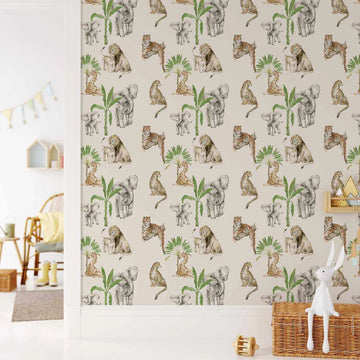 Kids Room:
Peel and stick wallpaper featuring a repeating pattern of hand-painted African animals and palm trees on a light beige background, displayed in a child's room. The design includes lions, tigers, cheetahs, elephants, and giraffes in natural watercolour tones. The room features a light wood chair, a small house-shaped shelf, and a white bunny figurine sitting on a woven basket.