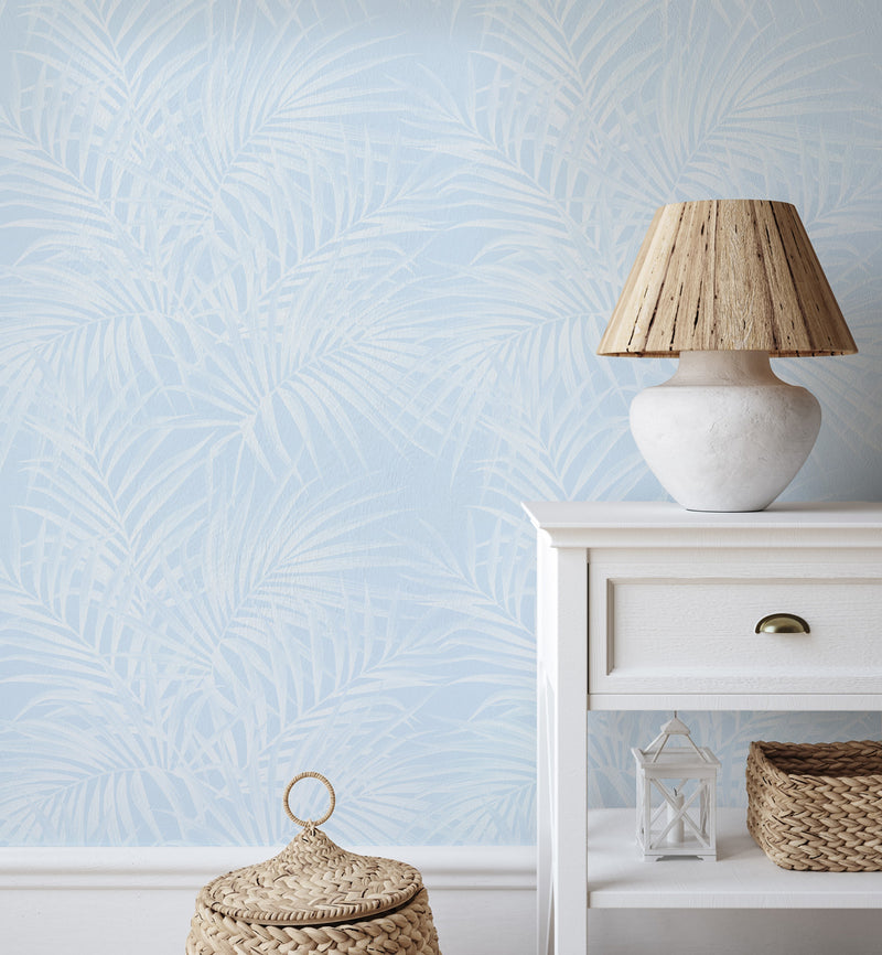 Alfresco Palm in Light Blue Wallpaper from Olive et Oriel where you can shop wallpaper and artworks online