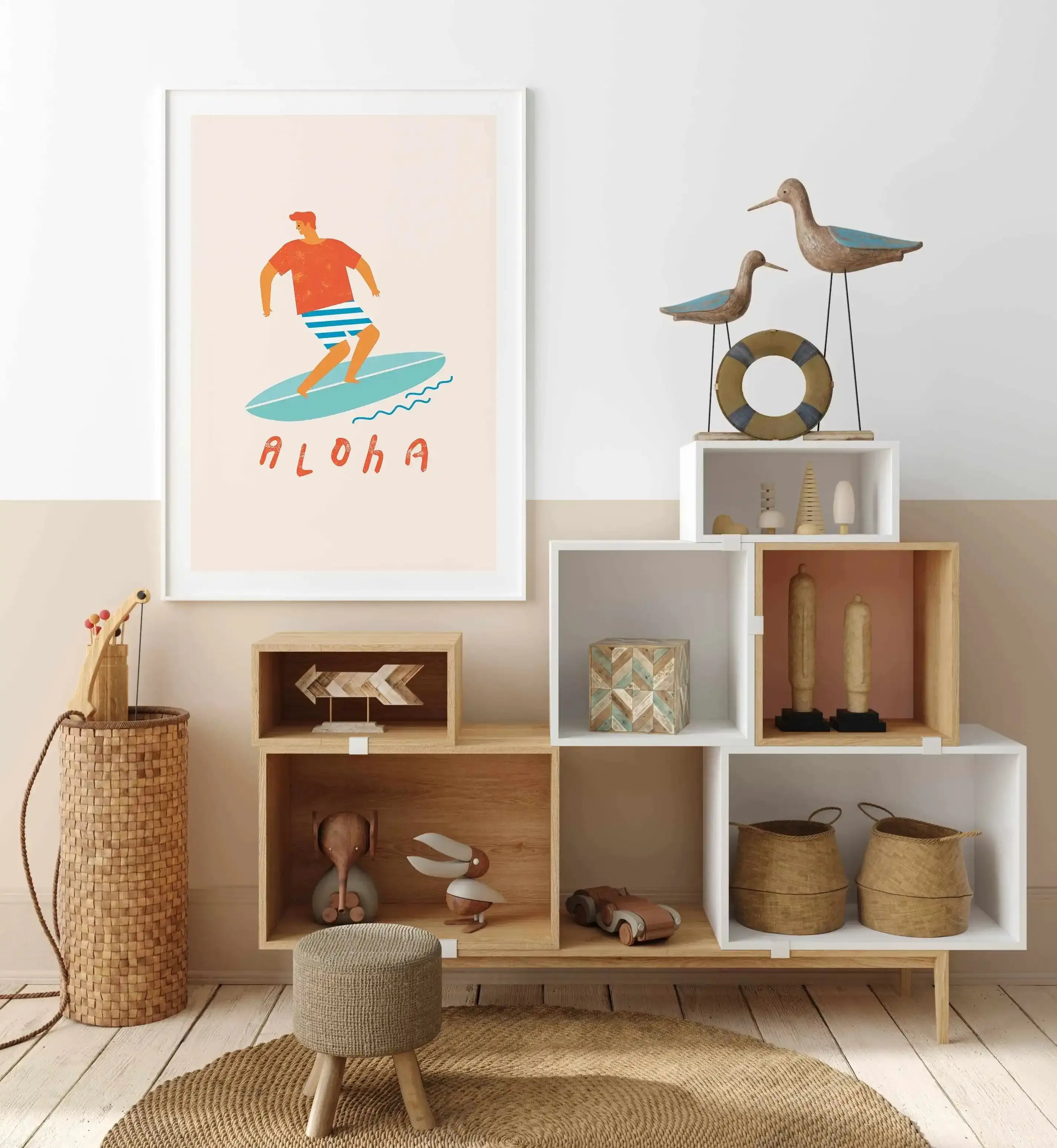 Aloha Surfer Dude | Beige Art Print-PRINT-Olive et Oriel-Olive et Oriel-Buy-Australian-Art-Prints-Online-with-Olive-et-Oriel-Your-Artwork-Specialists-Austrailia-Decorate-With-Coastal-Photo-Wall-Art-Prints-From-Our-Beach-House-Artwork-Collection-Fine-Poster-and-Framed-Artwork