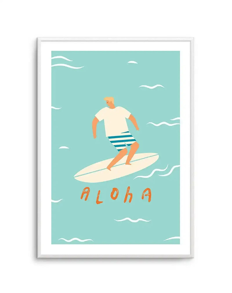 Art print featuring a minimalist illustration of a surfer on a surfboard in a light blue ocean with white wavy lines. The surfer is a blonde man wearing a white t-shirt and blue and white striped shorts. The word "ALOHA" is written in orange capital letters at the bottom of the print. The print is displayed in a thin white frame with a white border.