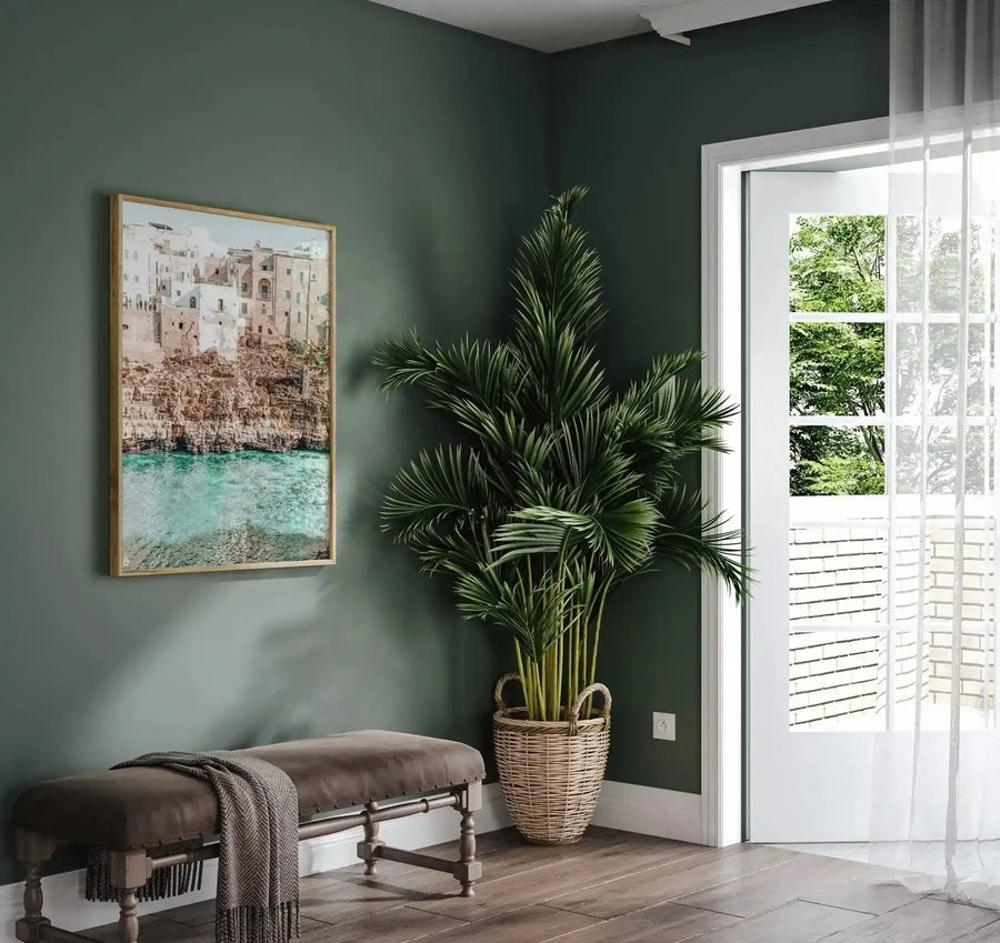 Lifestyle shot of a room with dark green walls, featuring a framed art print above a brown leather bench. The print is a photograph of a coastal town with white and light brown buildings built into a rugged cliffside, overlooking clear turquoise water. The print has a natural wood frame and white border. To the right of the bench and print is a large potted palm plant in a woven basket, and further right, an open white door reveals green trees and a white brick wall outside.