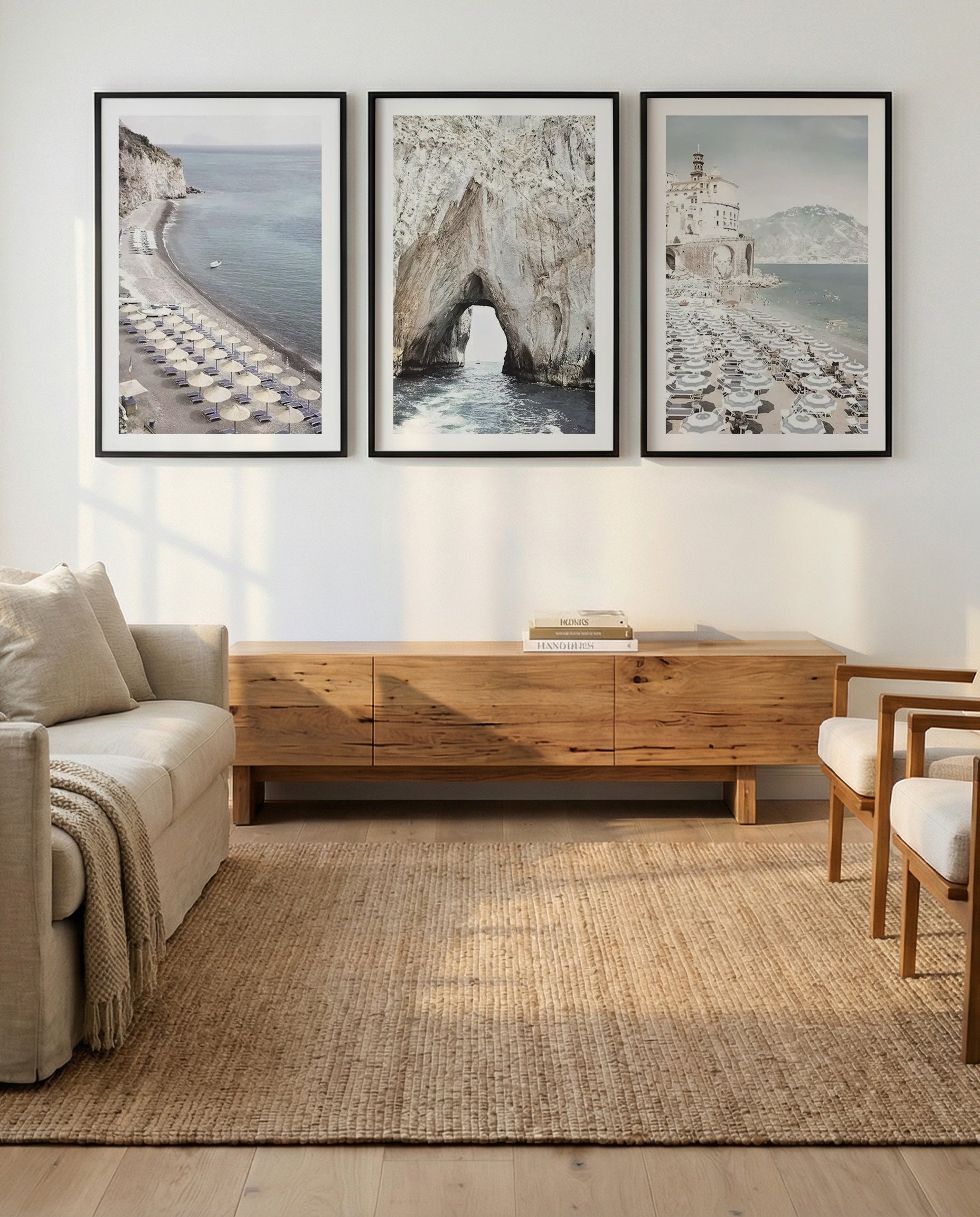 Amalfi Coast Life I, II & III | 3 Piece Wall Art Set in Blue and White coastal art print oak frame with white border