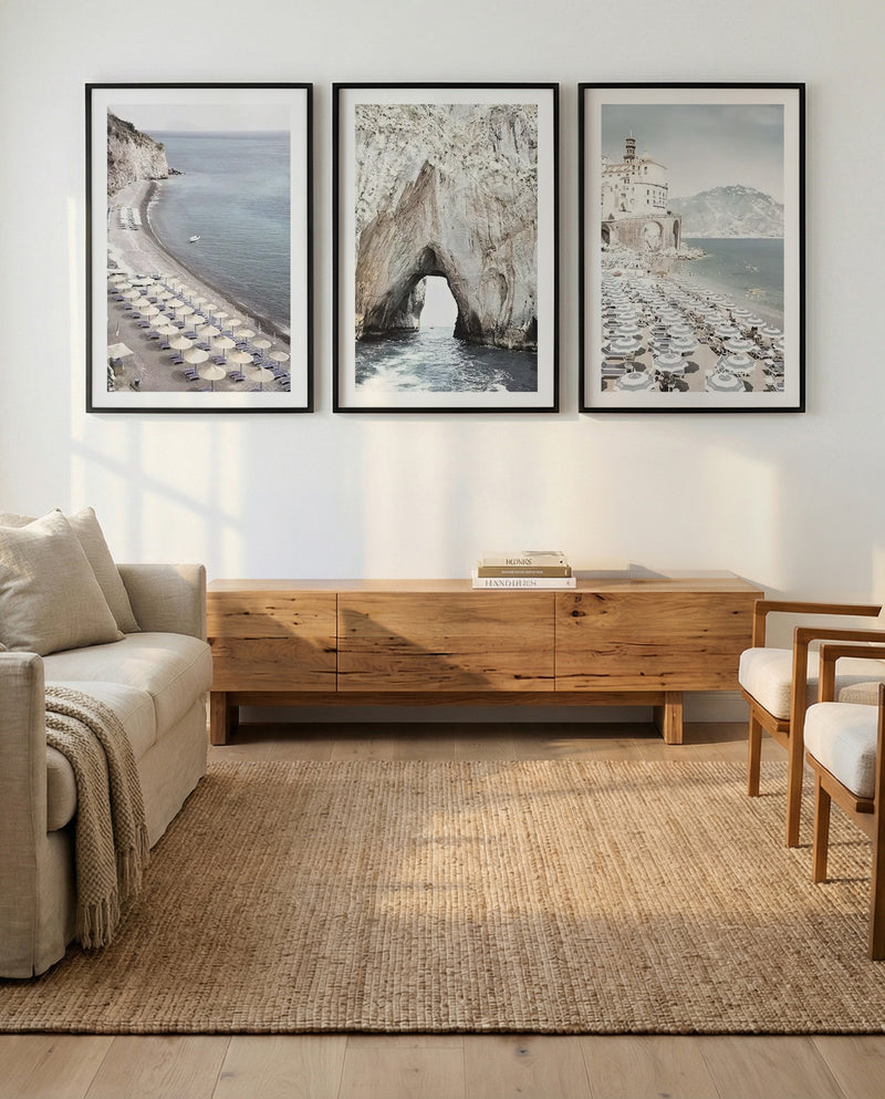 Amalfi Coast Life I, II & III | 3 Piece Wall Art Set in Blue and White coastal art print oak frame with white border