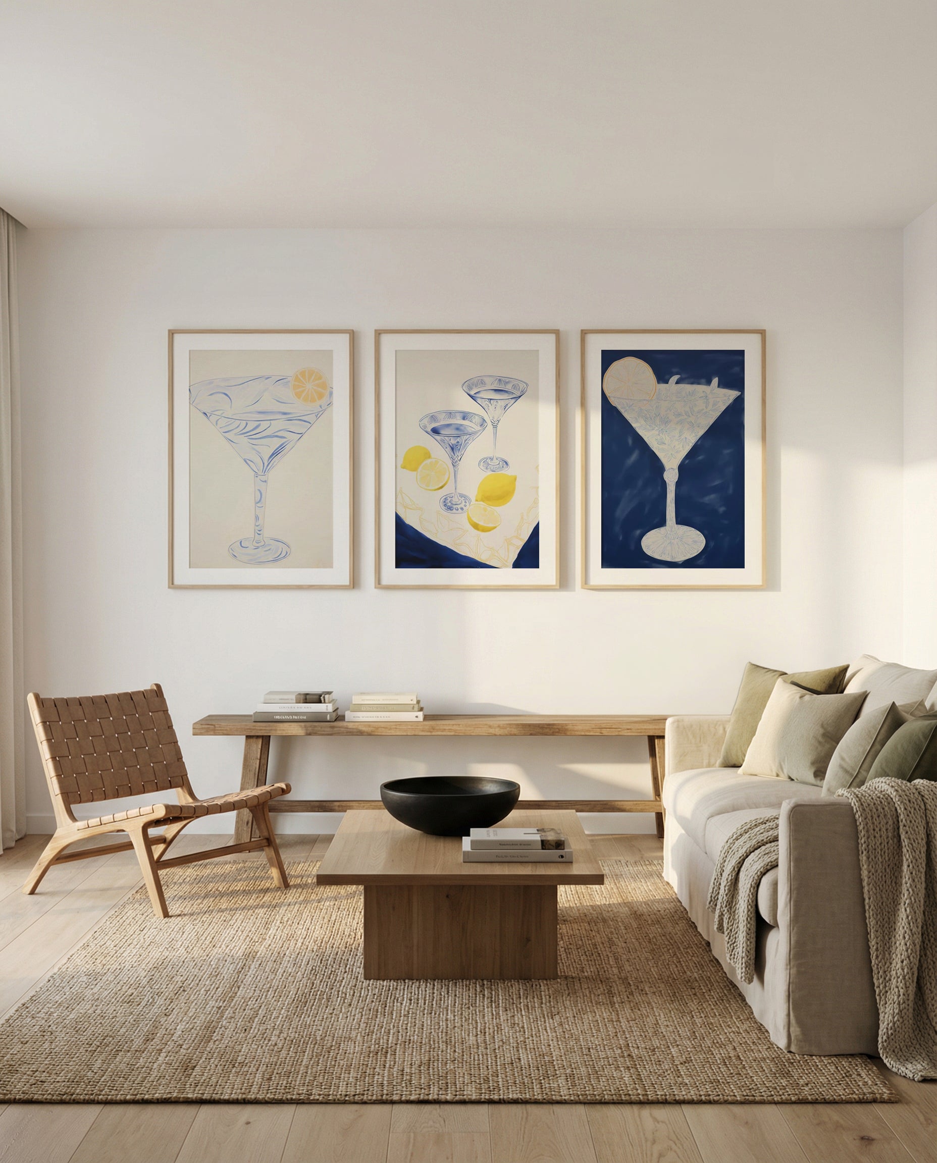 Amalfi Martini I, II & III | 3 Piece Wall Art Set in Blue art print oak frame with white border