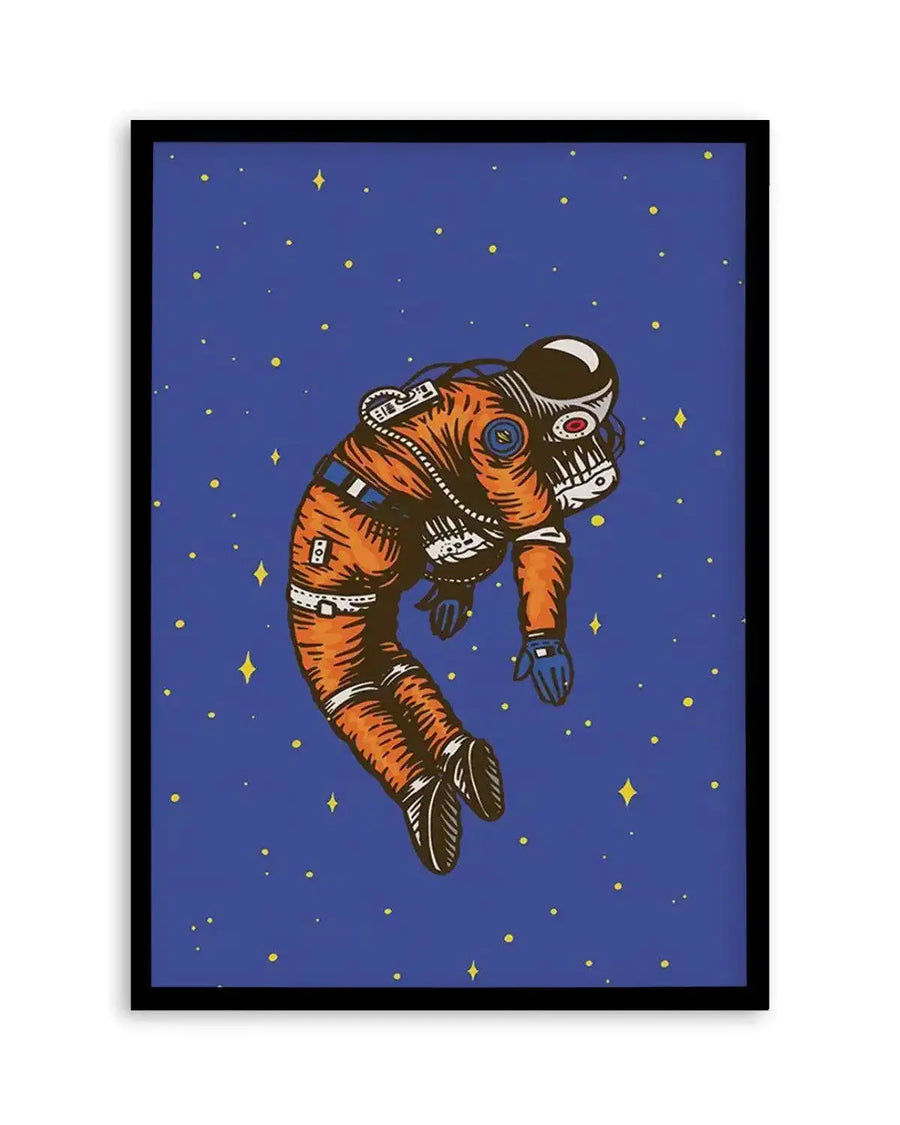 Art print featuring an illustration of an astronaut floating in space against a deep blue background with scattered yellow stars and dots. The astronaut wears an orange suit with white and black details, blue gloves, and a helmet with a visible red and white interior. The print is displayed in a black frame with a white border.
