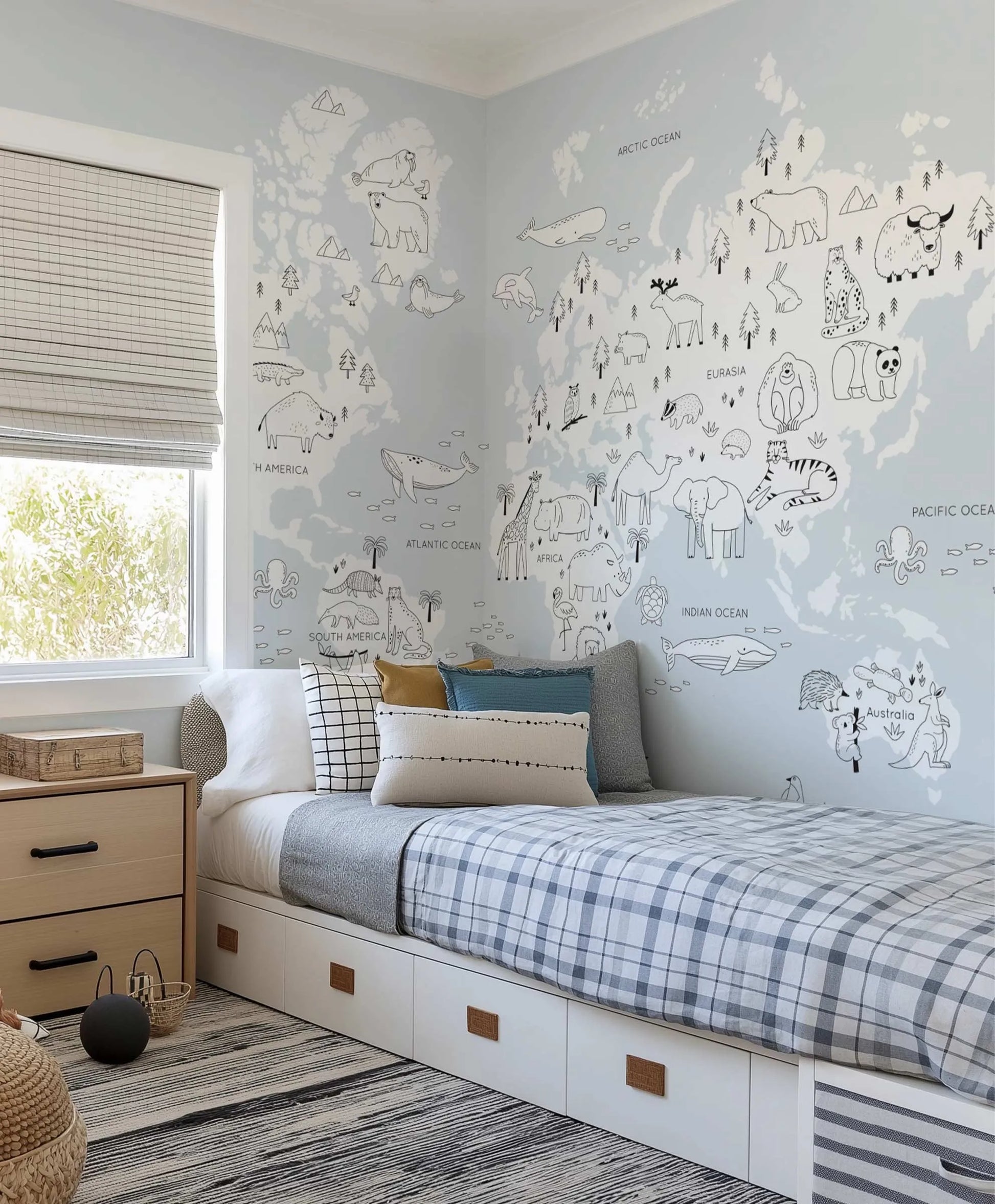 Animal Map Soft Blue Wallpaper Mural from Olive et Oriel where you can shop wallpaper and artworks online