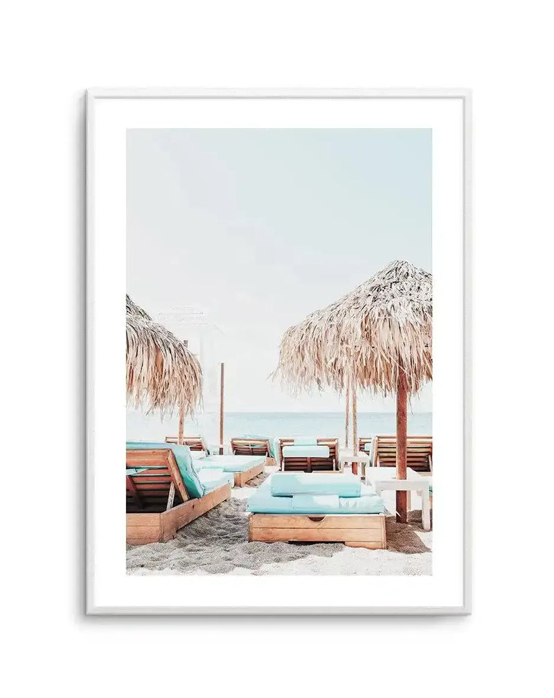 Aqua Sunlounges Art Print-Shop Greece Wall Art Prints Online with Olive et Oriel - Our collection of Greek Islands art prints offer unique wall art including blue domes of Santorini in Oia, mediterranean sea prints and incredible posters from Milos and other Greece landscape photography - this collection will add mediterranean blue to your home, perfect for updating the walls in coastal, beach house style. There is Greece art on canvas and extra large wall art with fast, free shipping across Aus