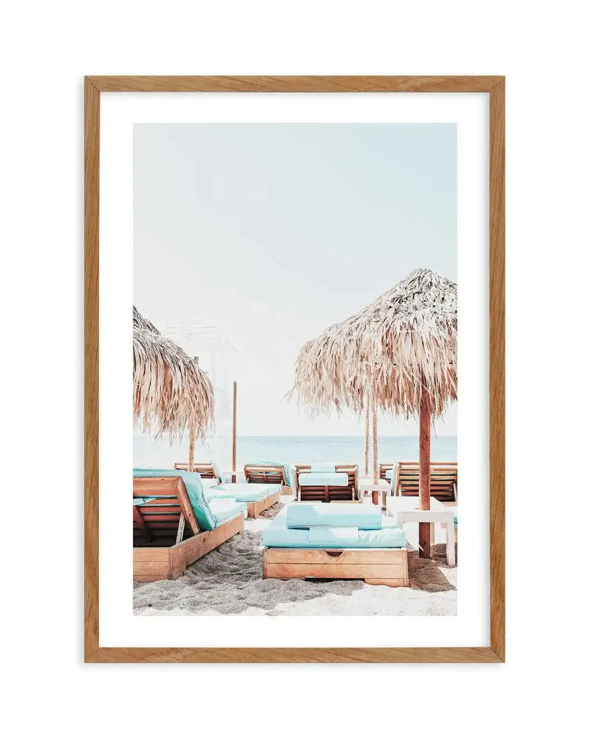 Aqua Sunlounges Art Print-Shop Greece Wall Art Prints Online with Olive et Oriel - Our collection of Greek Islands art prints offer unique wall art including blue domes of Santorini in Oia, mediterranean sea prints and incredible posters from Milos and other Greece landscape photography - this collection will add mediterranean blue to your home, perfect for updating the walls in coastal, beach house style. There is Greece art on canvas and extra large wall art with fast, free shipping across Aus