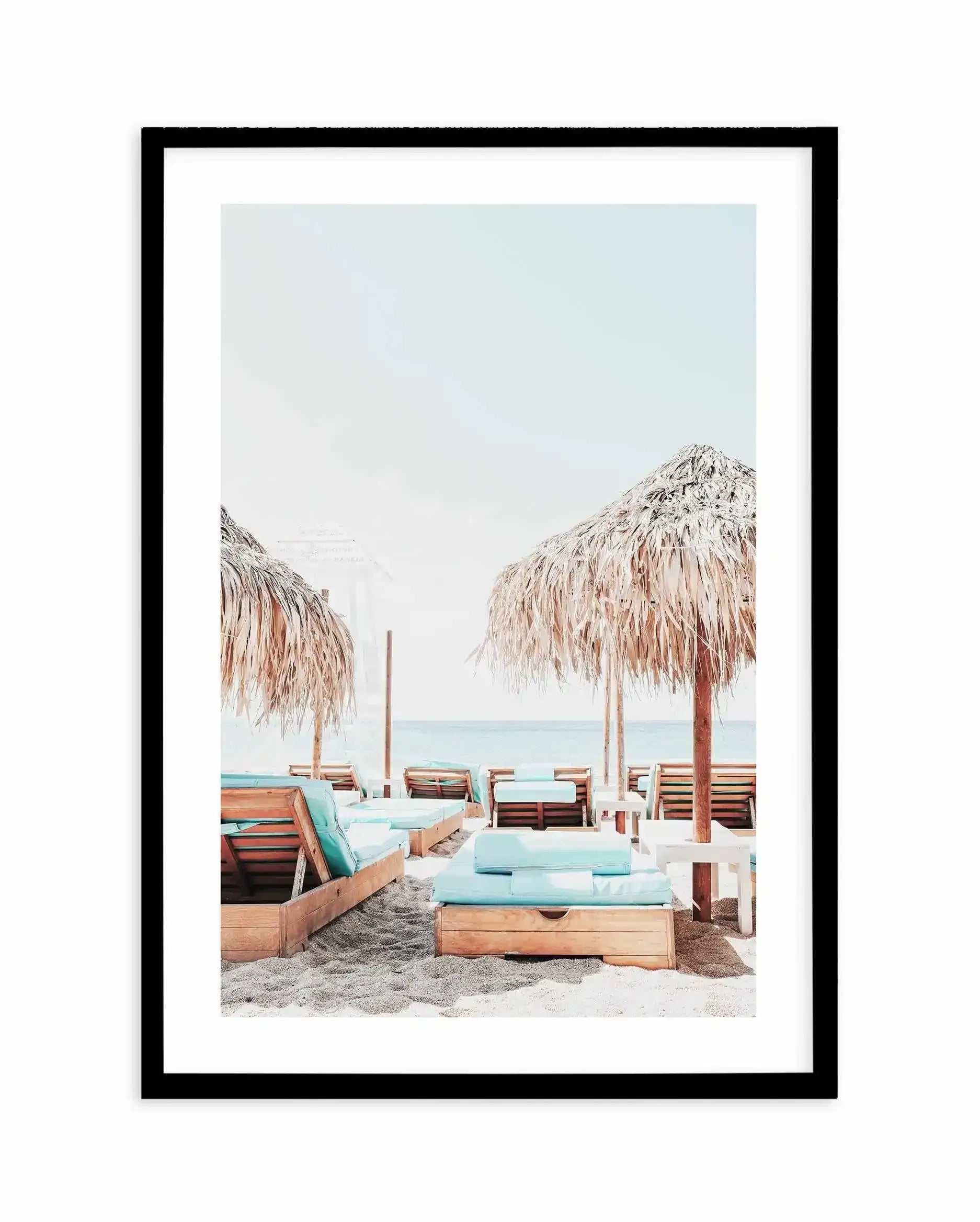 Aqua Sunlounges Art Print-Shop Greece Wall Art Prints Online with Olive et Oriel - Our collection of Greek Islands art prints offer unique wall art including blue domes of Santorini in Oia, mediterranean sea prints and incredible posters from Milos and other Greece landscape photography - this collection will add mediterranean blue to your home, perfect for updating the walls in coastal, beach house style. There is Greece art on canvas and extra large wall art with fast, free shipping across Aus