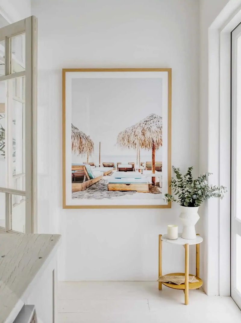 Aqua Sunlounges Art Print-Shop Greece Wall Art Prints Online with Olive et Oriel - Our collection of Greek Islands art prints offer unique wall art including blue domes of Santorini in Oia, mediterranean sea prints and incredible posters from Milos and other Greece landscape photography - this collection will add mediterranean blue to your home, perfect for updating the walls in coastal, beach house style. There is Greece art on canvas and extra large wall art with fast, free shipping across Aus