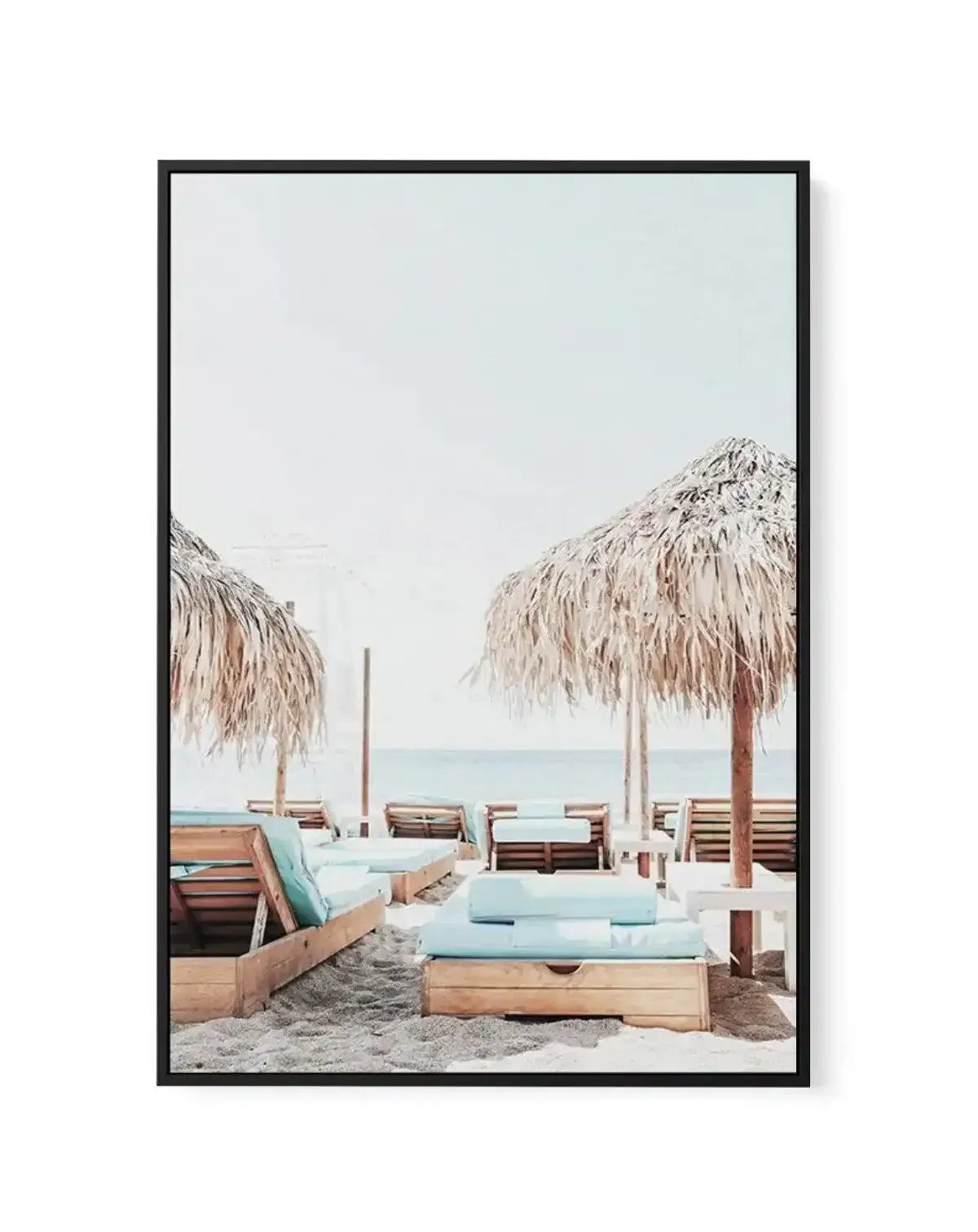 Aqua Sunlounges | Framed Canvas-Shop Greece Wall Art Prints Online with Olive et Oriel - Our collection of Greek Islands art prints offer unique wall art including blue domes of Santorini in Oia, mediterranean sea prints and incredible posters from Milos and other Greece landscape photography - this collection will add mediterranean blue to your home, perfect for updating the walls in coastal, beach house style. There is Greece art on canvas and extra large wall art with fast, free shipping acro