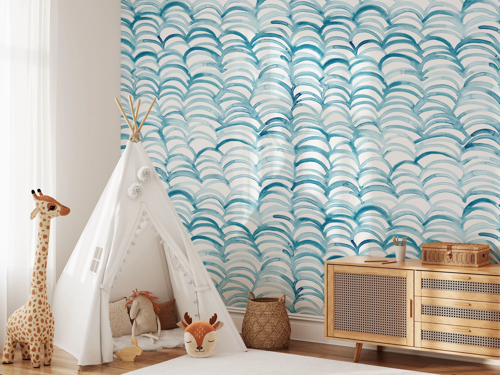 Aqua Arch Wallpaper from Olive et Oriel where you can shop wallpaper and artworks online