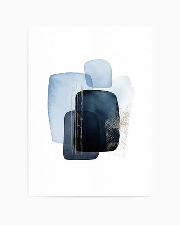 Abstract art print featuring overlapping organic shapes in varying shades of blue, from light sky blue to deep indigo, with subtle gold and silver metallic vertical lines and speckles, creating a layered, textured composition on a white background. Printed on fine art paper with a matte finish.