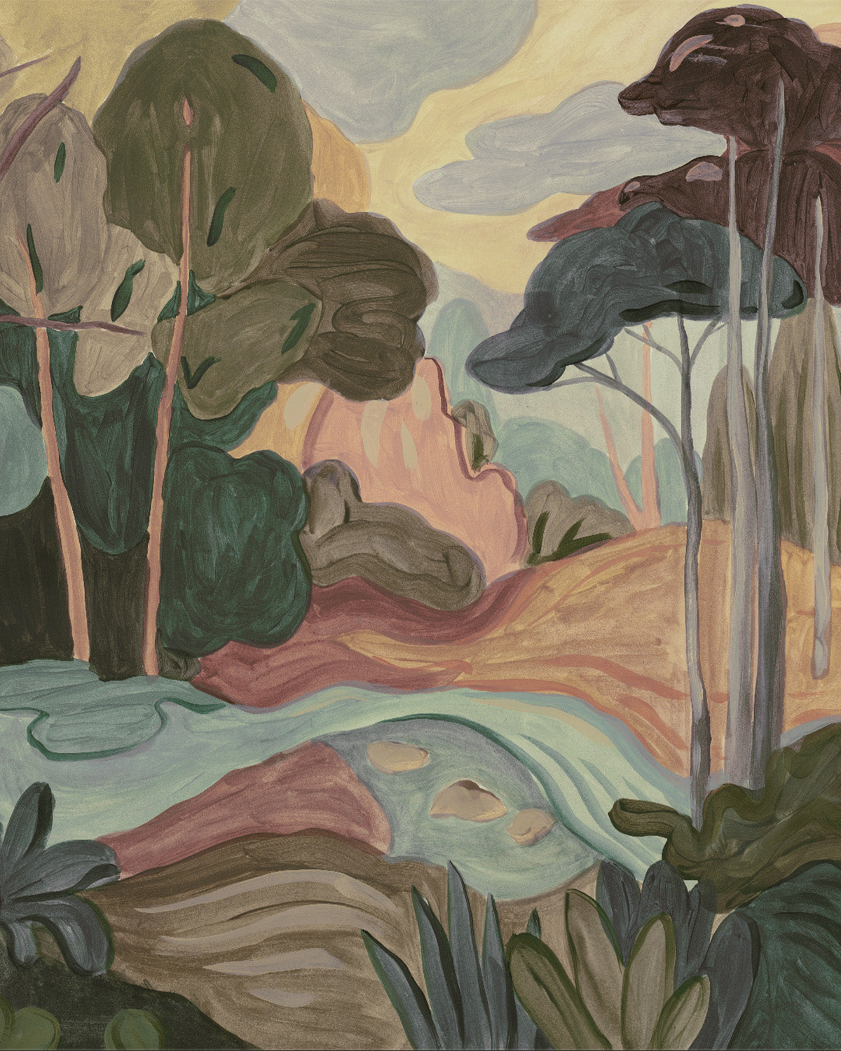 Abstract Trees in Burgundy & Green Painted Mural Wallpaper from Olive et Oriel where you can shop wallpaper and artworks online