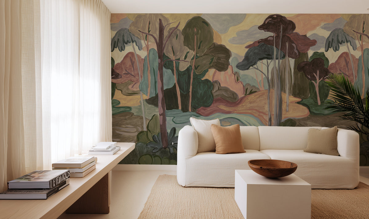 Arcadian River Grove Panoramic Mural Wallpaper — styled in a luxury Australian living room