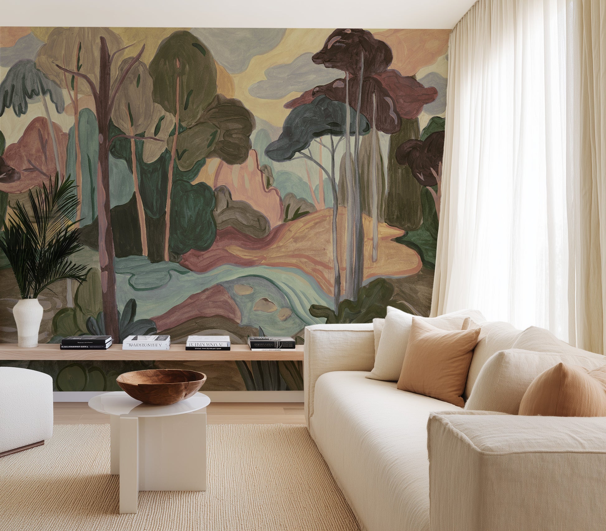 Abstract Trees in Burgundy & Green Painted Mural Wallpaper from Olive et Oriel where you can shop wallpaper and artworks online