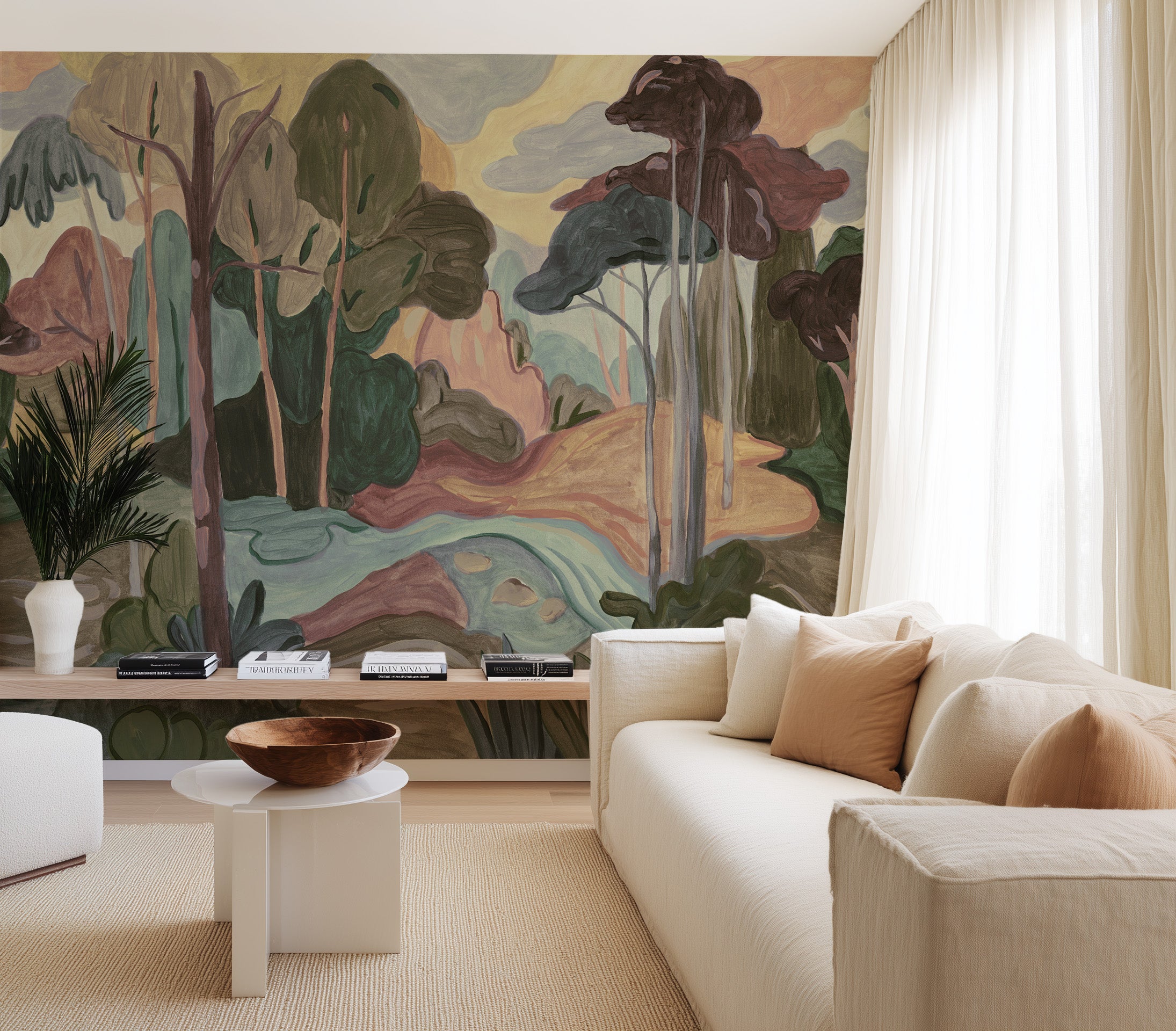 Abstract Trees in Burgundy & Green Painted Mural Wallpaper from Olive et Oriel where you can shop wallpaper and artworks online