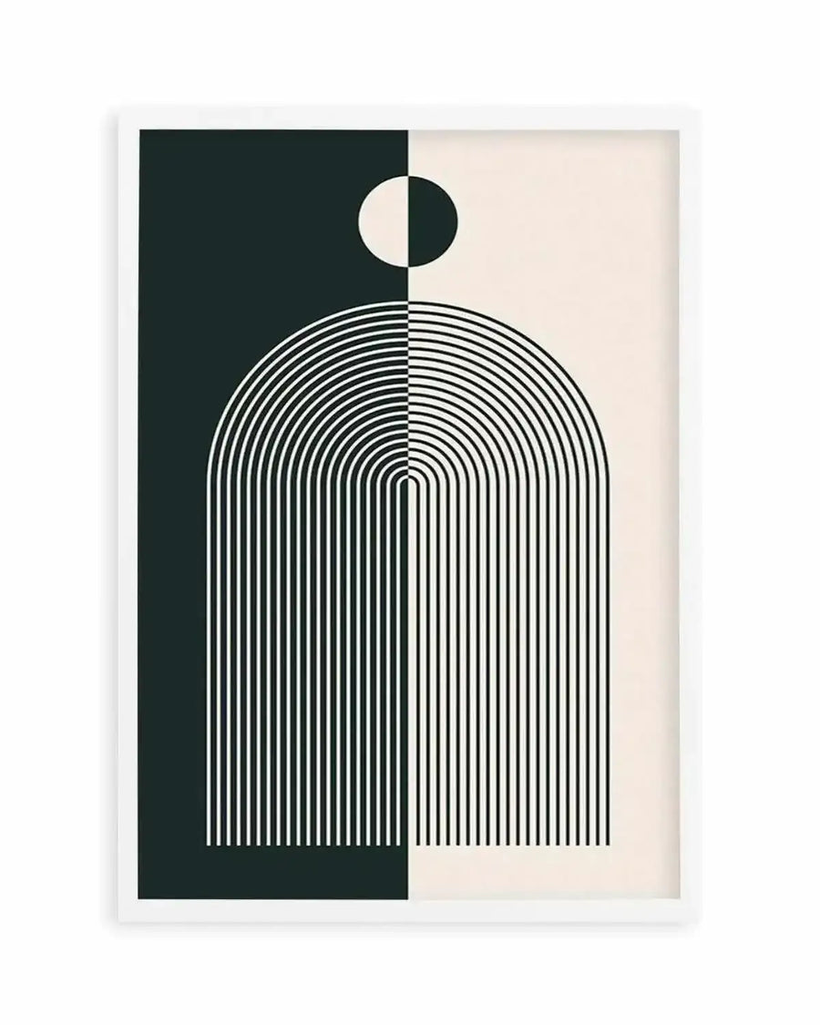 Abstract art print featuring a symmetrical composition divided vertically into two halves: the left side is deep charcoal black and the right side is soft cream. A half-black, half-cream circle is centered at the top, and a large arch of concentric lines extends from the bottom, with white lines on the black background and black lines on the cream background, displayed in a white frame with a white border.