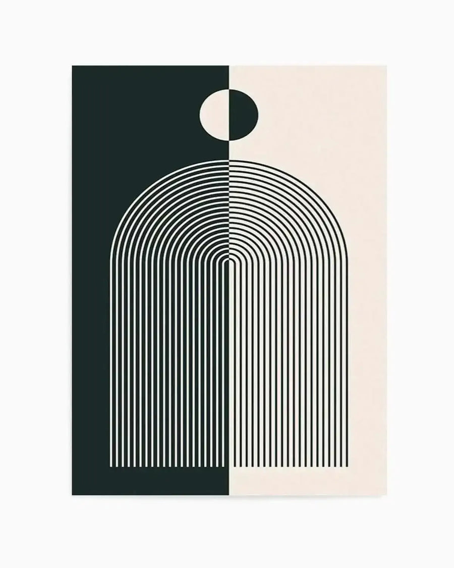 Abstract art print featuring a minimalist graphic design with a vertical split. The left side is a deep charcoal black, and the right side is a soft cream. A half-black, half-cream circle is positioned at the top center, split along the vertical line. Below the circle, a series of concentric arches descends, mirroring the color split: white arches on the black background and black arches on the cream background. The arches transition into vertical lines at the bottom, maintaining the color contrast.