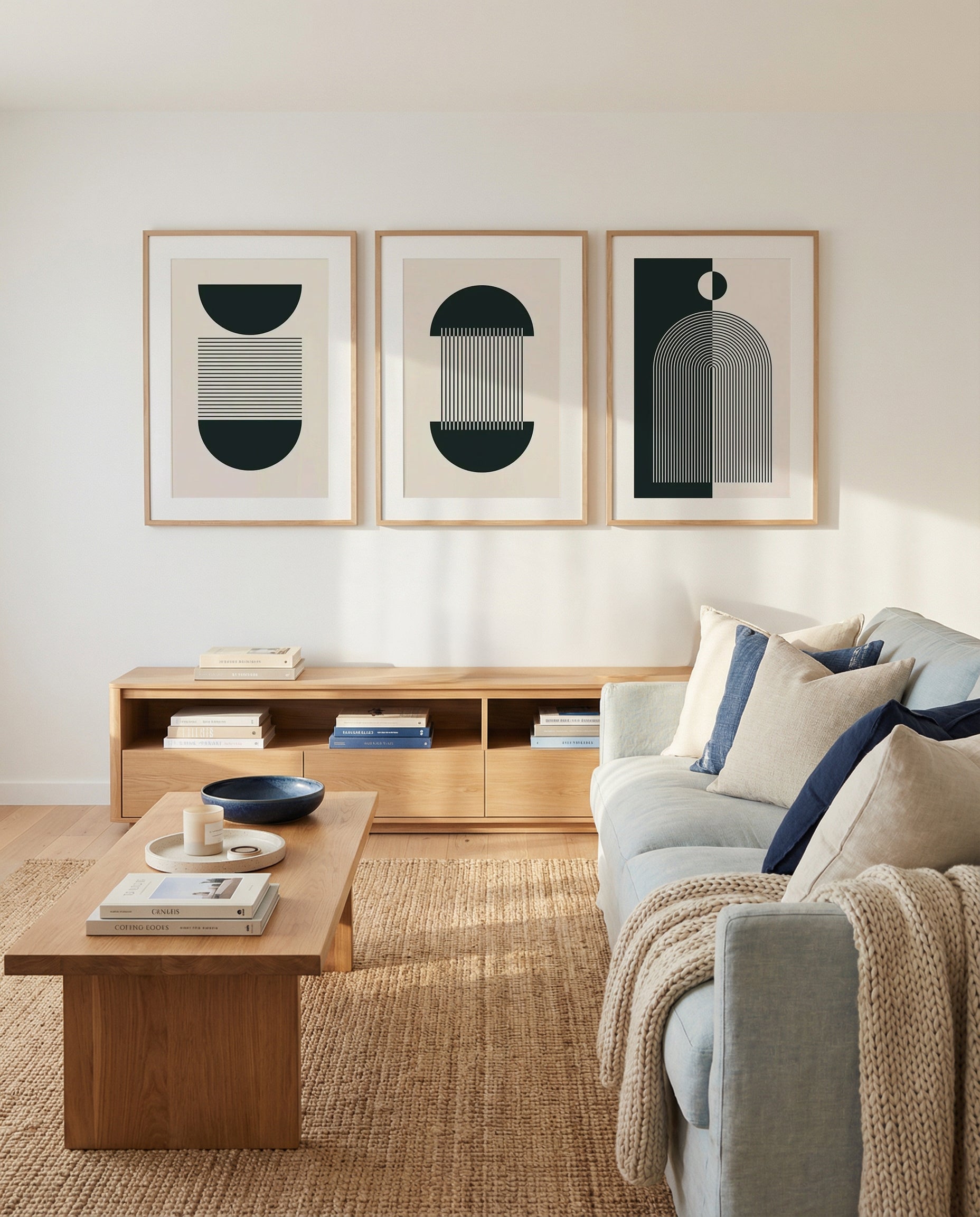 Arche Graphique I, II & III | 3 Piece Wall Art Set in Beige and Black abstract art print oak frame with white border
