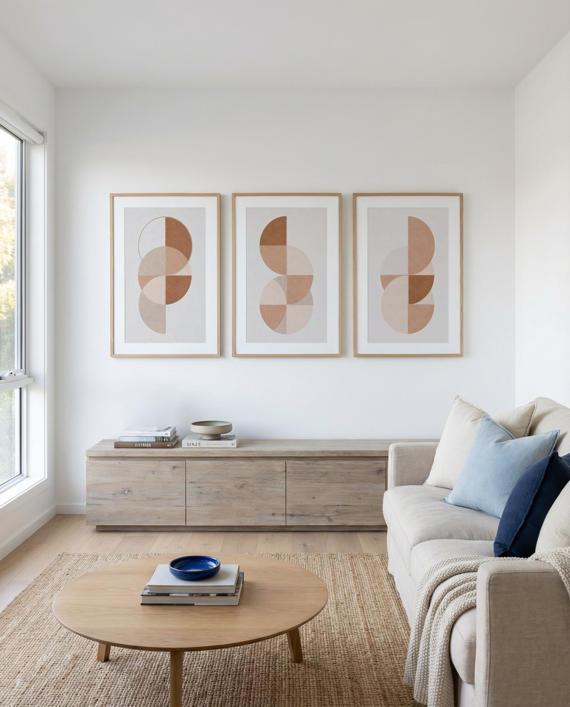 Arches In Sand I, II & III | 3 Piece Wall Art Set in Brown abstract art print oak frame with white border