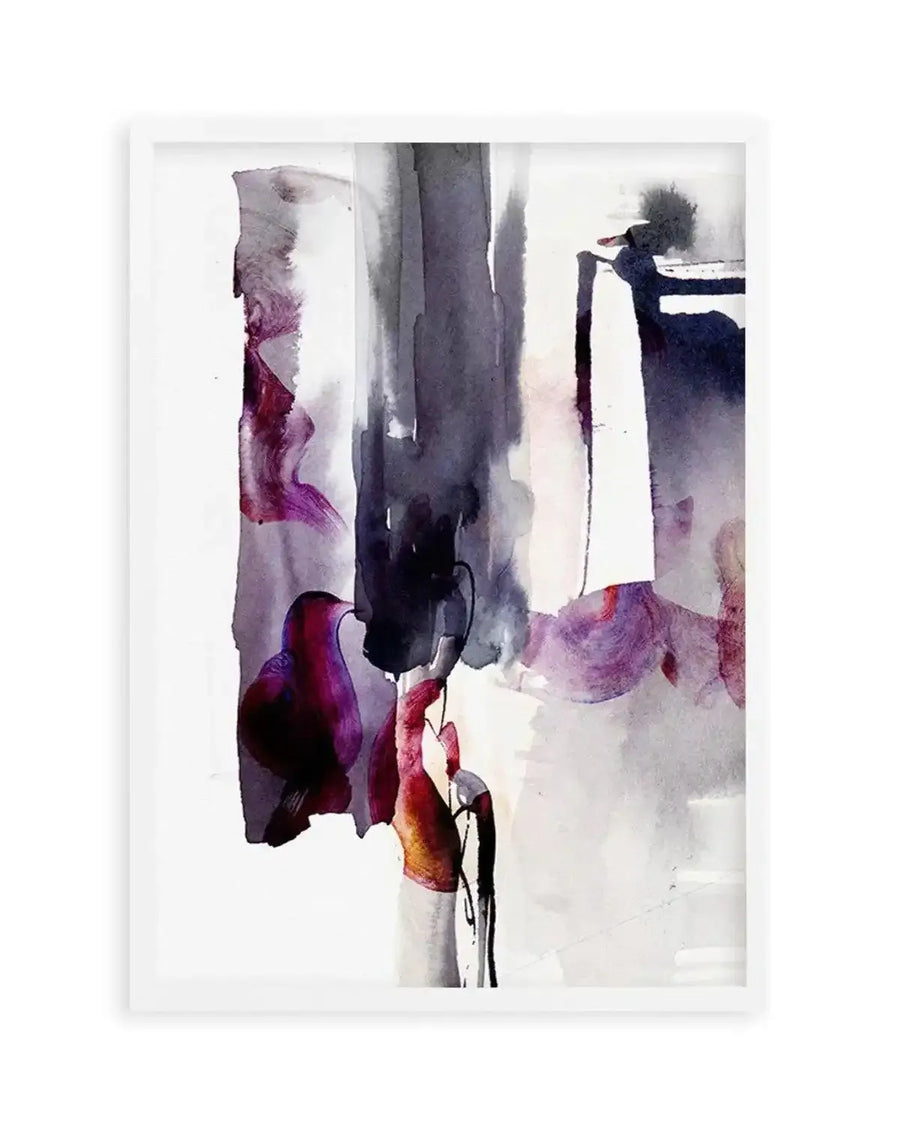 Abstract art print featuring bold vertical brushstrokes in deep charcoal and dark grey, interspersed with fluid washes of vibrant purple, magenta, and hints of burnt orange. The composition has a dynamic, expressive watercolour quality with visible drips and blending, displayed in a white frame with white border.