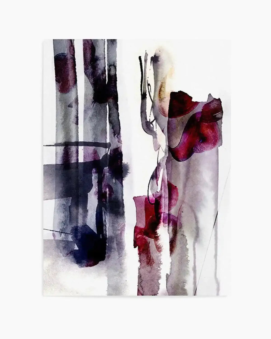 Abstract art print featuring vertical brushstrokes and washes of deep indigo, plum, and charcoal on the left, contrasting with flowing forms in crimson, magenta, and soft grey on the right, creating a dynamic watercolor composition.