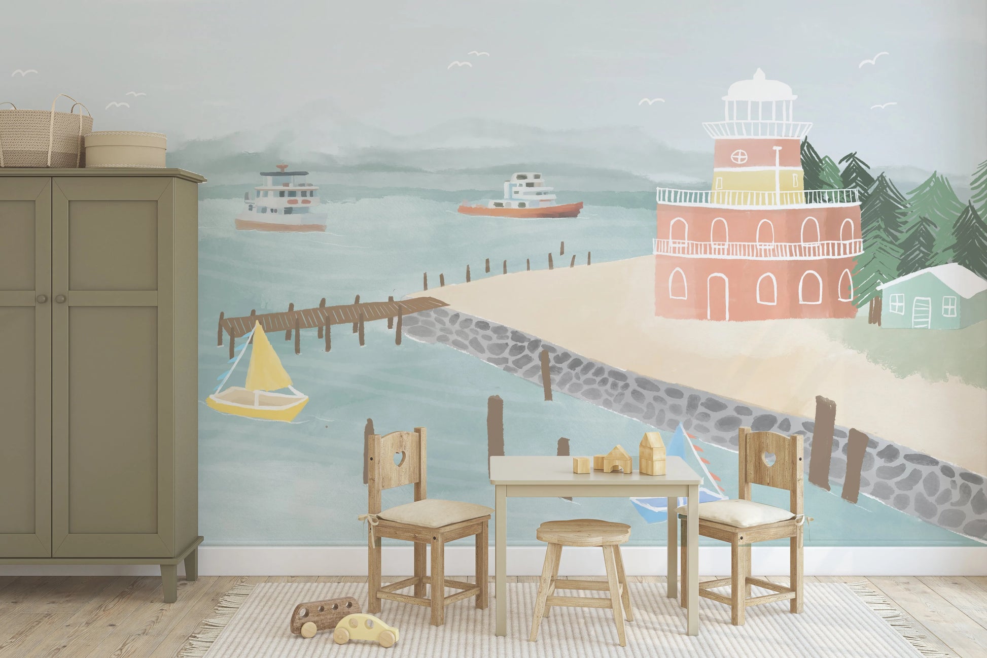 At the Boardwalk Wallpaper Mural from Olive et Oriel where you can shop wallpaper and artworks online