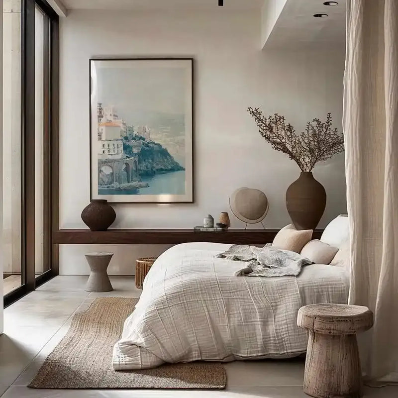 Lifestyle shot of a minimalist bedroom featuring a large framed art print above a wooden console table. The print depicts a coastal town built into a cliffside overlooking a calm blue sea, with buildings in white and terracotta hues. The room has light-coloured walls and a concrete floor, with a bed dressed in white linen, a jute rug, and various ceramic and wooden decorative elements in earthy tones.