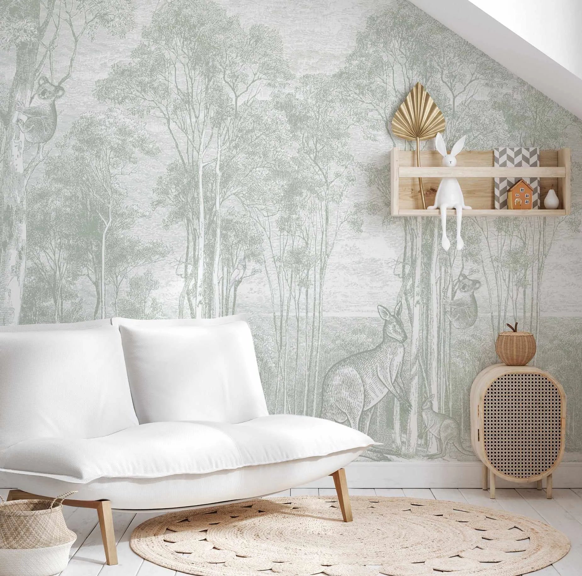 Australian Bush Animals Wallpaper Mural in Eucalyptus-Wallpaper-Buy Kids Removable Wallpaper Online Our Custom Made Children√¢‚Ç¨‚Ñ¢s Wallpapers Are A Fun Way To Decorate And Enhance Boys Bedroom Decor And Girls Bedrooms They Are An Amazing Addition To Your Kids Bedroom Walls Our Collection of Kids Wallpaper Is Sure To Transform Your Kids Rooms Interior Style From Pink Wallpaper To Dinosaur Wallpaper Even Marble Wallpapers For Teen Boys Shop Peel And Stick Wallpaper Online Today With Olive et Oriel
