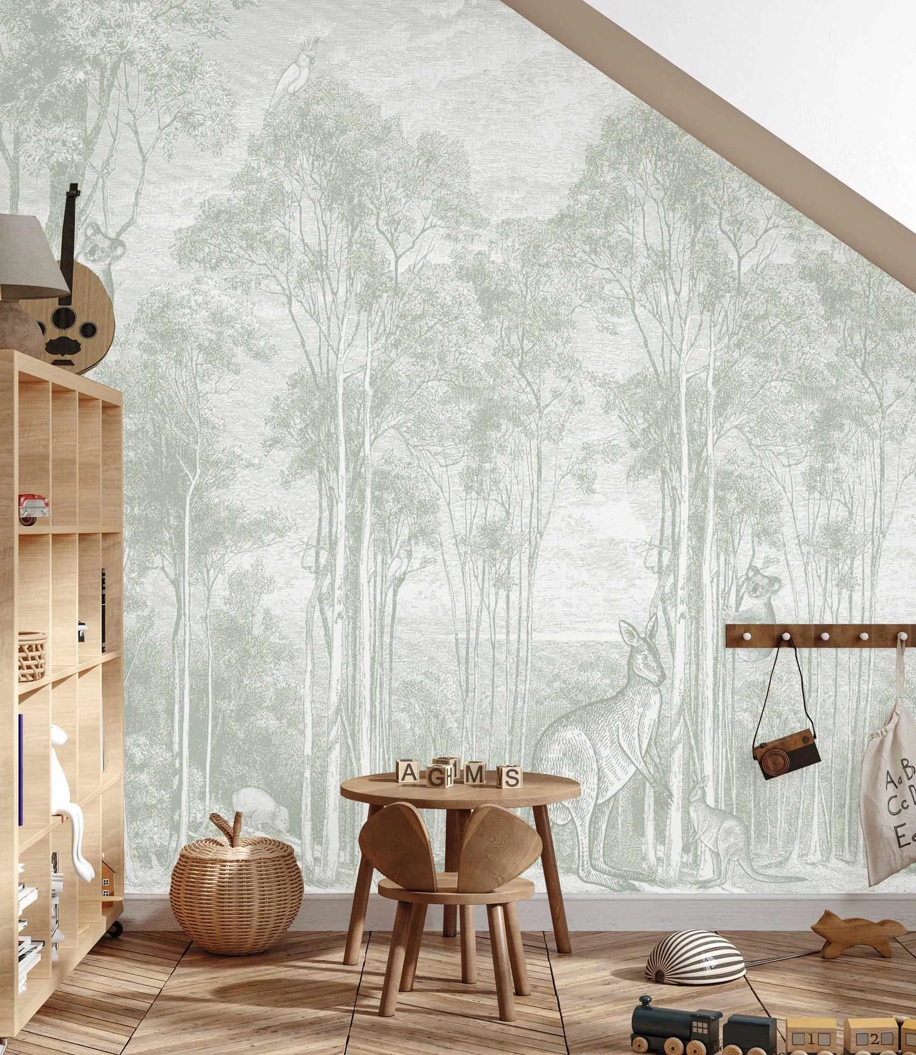 Australian Bush Animals Wallpaper Mural in Eucalyptus-Wallpaper-Buy Kids Removable Wallpaper Online Our Custom Made Children√¢‚Ç¨‚Ñ¢s Wallpapers Are A Fun Way To Decorate And Enhance Boys Bedroom Decor And Girls Bedrooms They Are An Amazing Addition To Your Kids Bedroom Walls Our Collection of Kids Wallpaper Is Sure To Transform Your Kids Rooms Interior Style From Pink Wallpaper To Dinosaur Wallpaper Even Marble Wallpapers For Teen Boys Shop Peel And Stick Wallpaper Online Today With Olive et Oriel