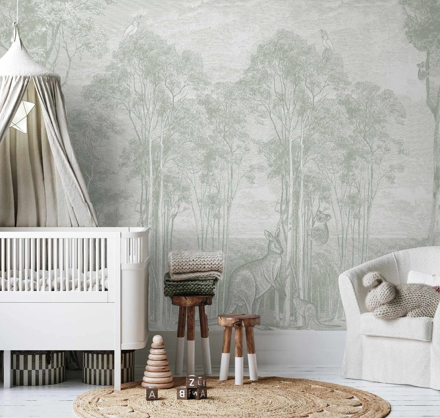 Australian Bush Animals Wallpaper Mural in Eucalyptus-Wallpaper-Buy Kids Removable Wallpaper Online Our Custom Made Children√¢‚Ç¨‚Ñ¢s Wallpapers Are A Fun Way To Decorate And Enhance Boys Bedroom Decor And Girls Bedrooms They Are An Amazing Addition To Your Kids Bedroom Walls Our Collection of Kids Wallpaper Is Sure To Transform Your Kids Rooms Interior Style From Pink Wallpaper To Dinosaur Wallpaper Even Marble Wallpapers For Teen Boys Shop Peel And Stick Wallpaper Online Today With Olive et Oriel