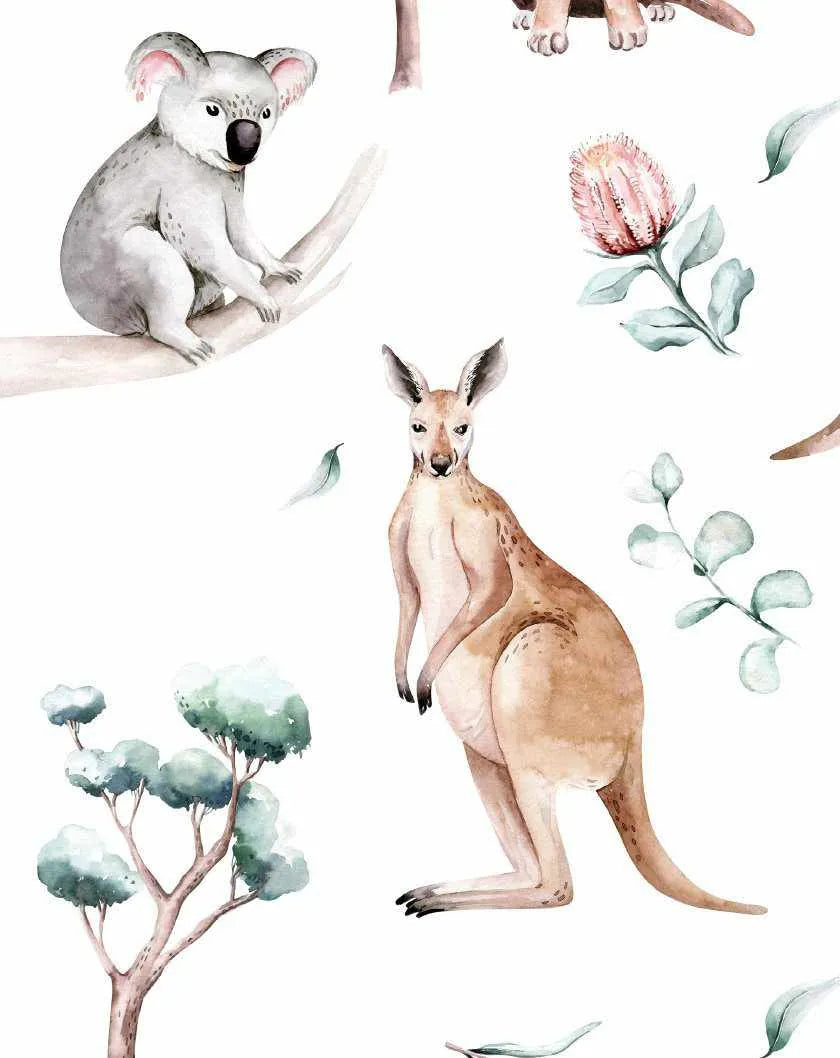 Peel and stick wallpaper featuring a repeating pattern of hand-painted Australian wildlife and flora on a white background. The design includes a grey koala sitting on a branch, a light brown kangaroo standing upright, a pink banksia flower with green leaves, and several eucalyptus branches and leaves in muted green tones. The watercolour illustrations have a soft, organic quality with visible brushstroke texture.