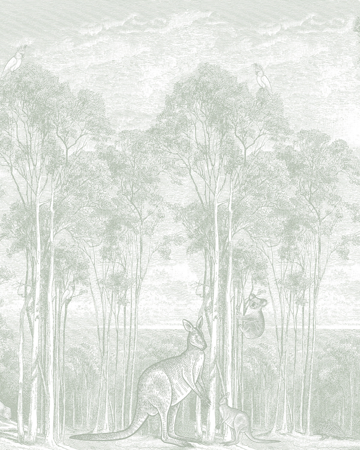 Australian Bush Animals Mural in Mist Green Commercial Vinyl Wallcovering